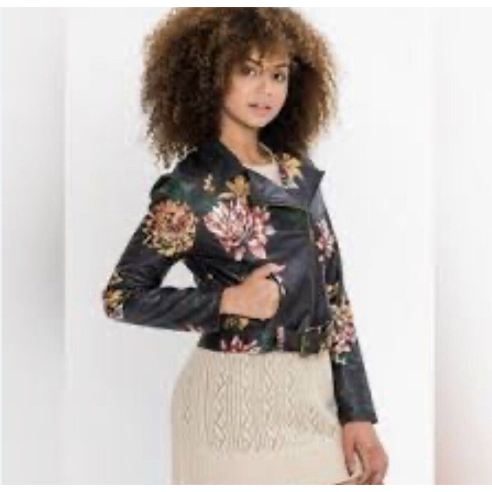 Flying Tomato Bomber M Faux Leather Moto Jacket Floral Embroidered Painted Black